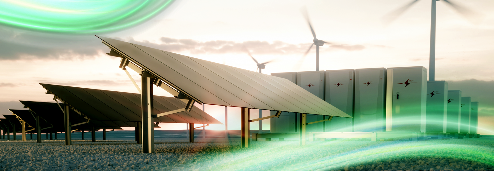Renewable energy setup with solar panels, wind turbines, and energy storage batteries at sunset