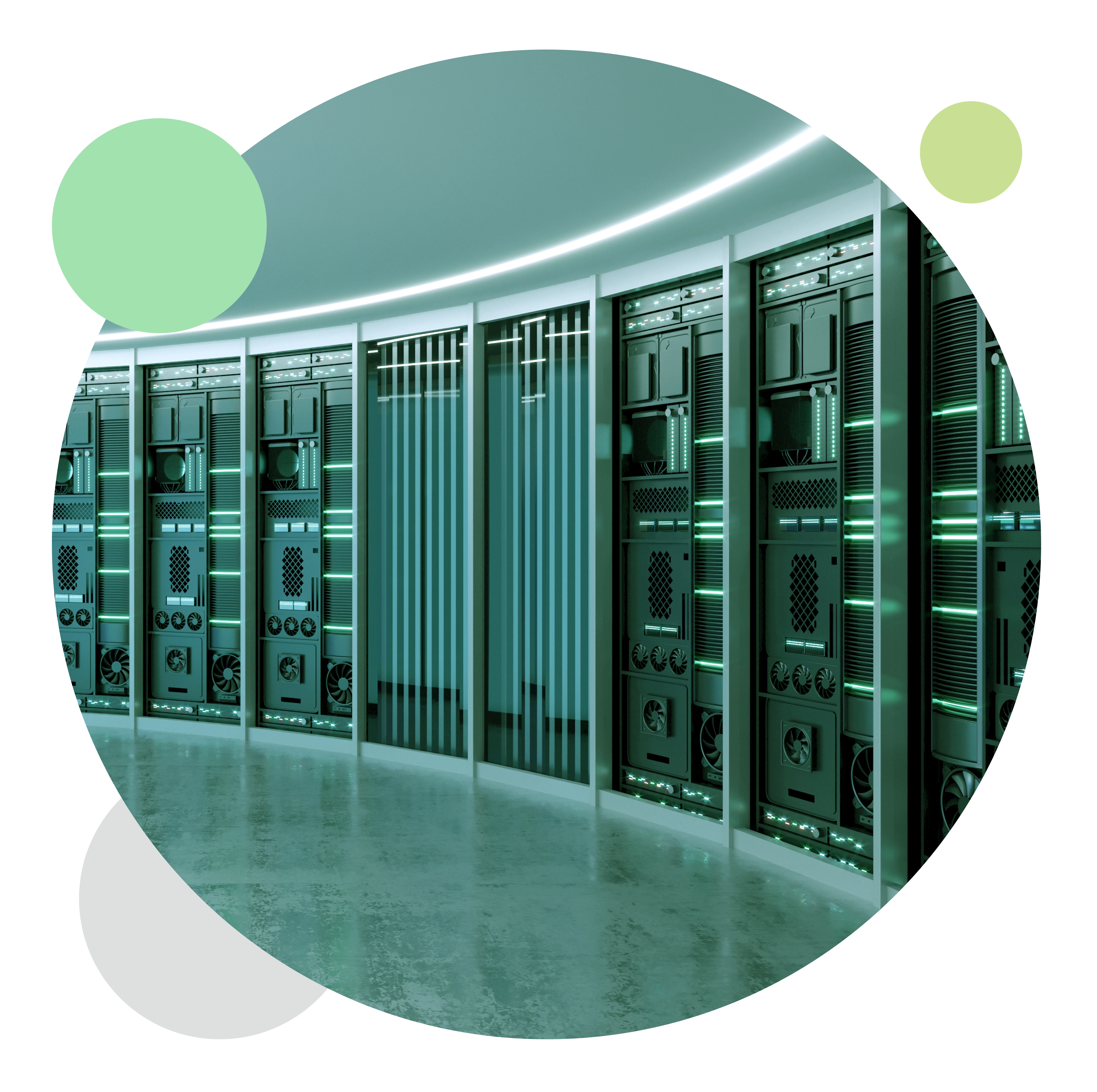 Modern data center with high-performance server racks and green energy flow, representing niobium-enhanced energy efficiency
